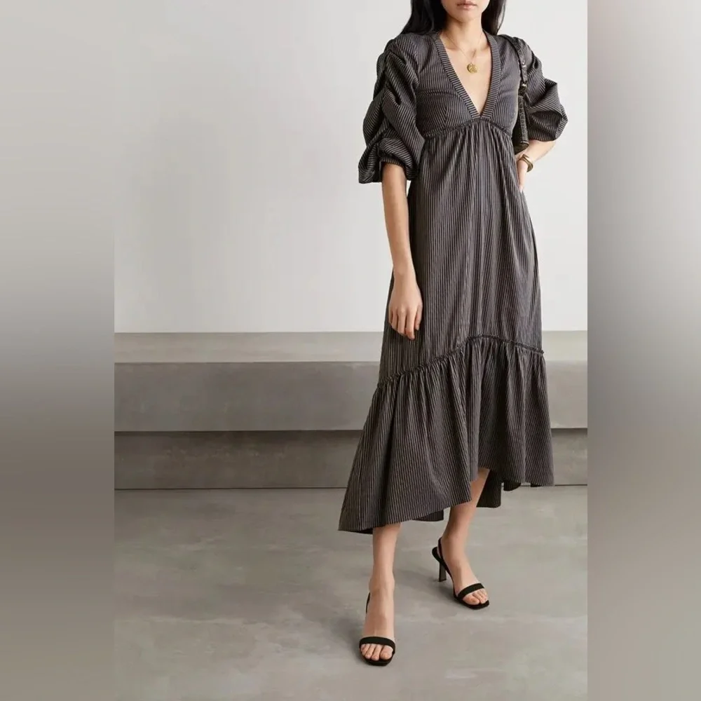LA LIGNE Gitane Ruched Striped Cotton-Blend Dress size medium w/ pockets - Picture 3 of 12